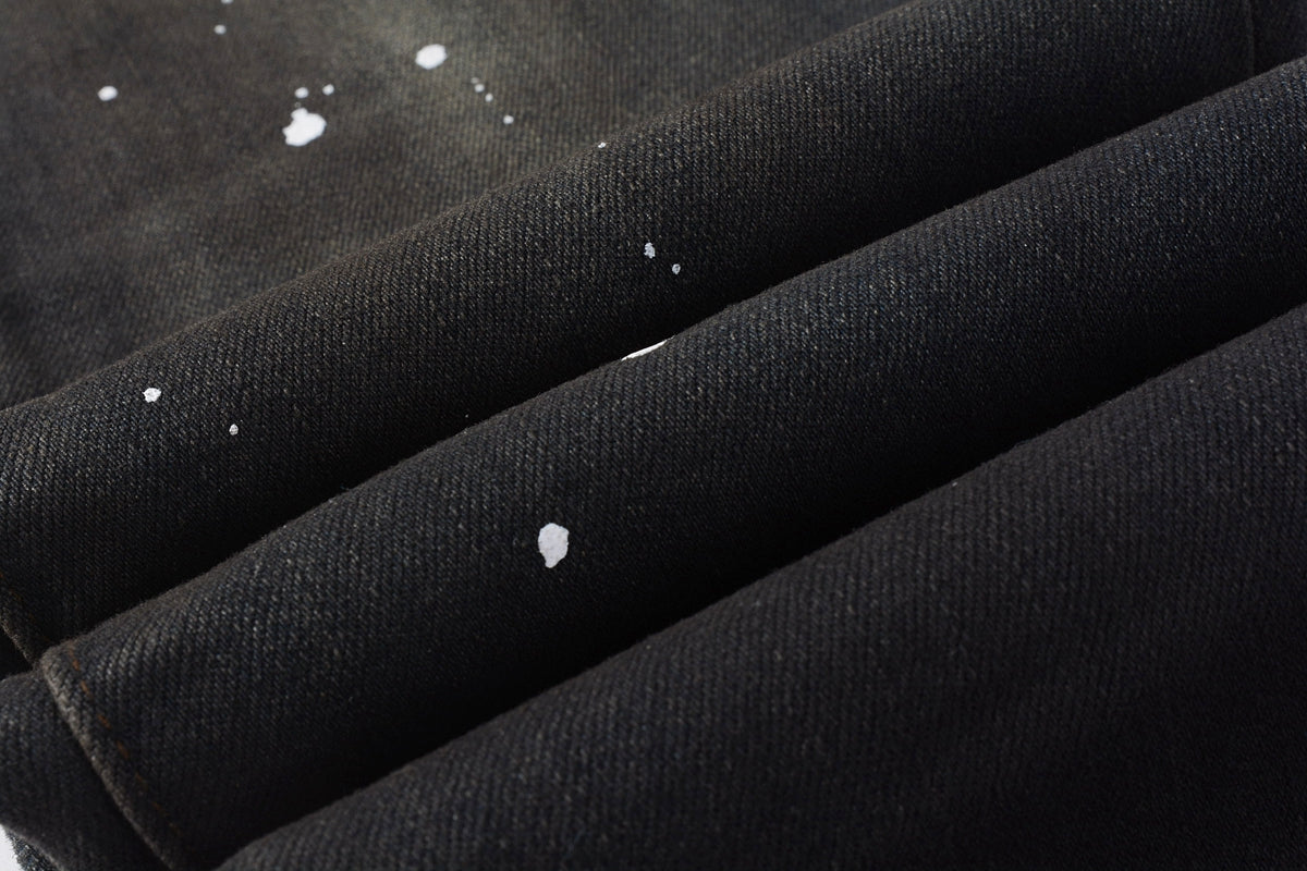 PURPLE Men Streetwear Skinny Jeans Dark Gray Wash with White Paint Splatter and Brush Strokes 9036