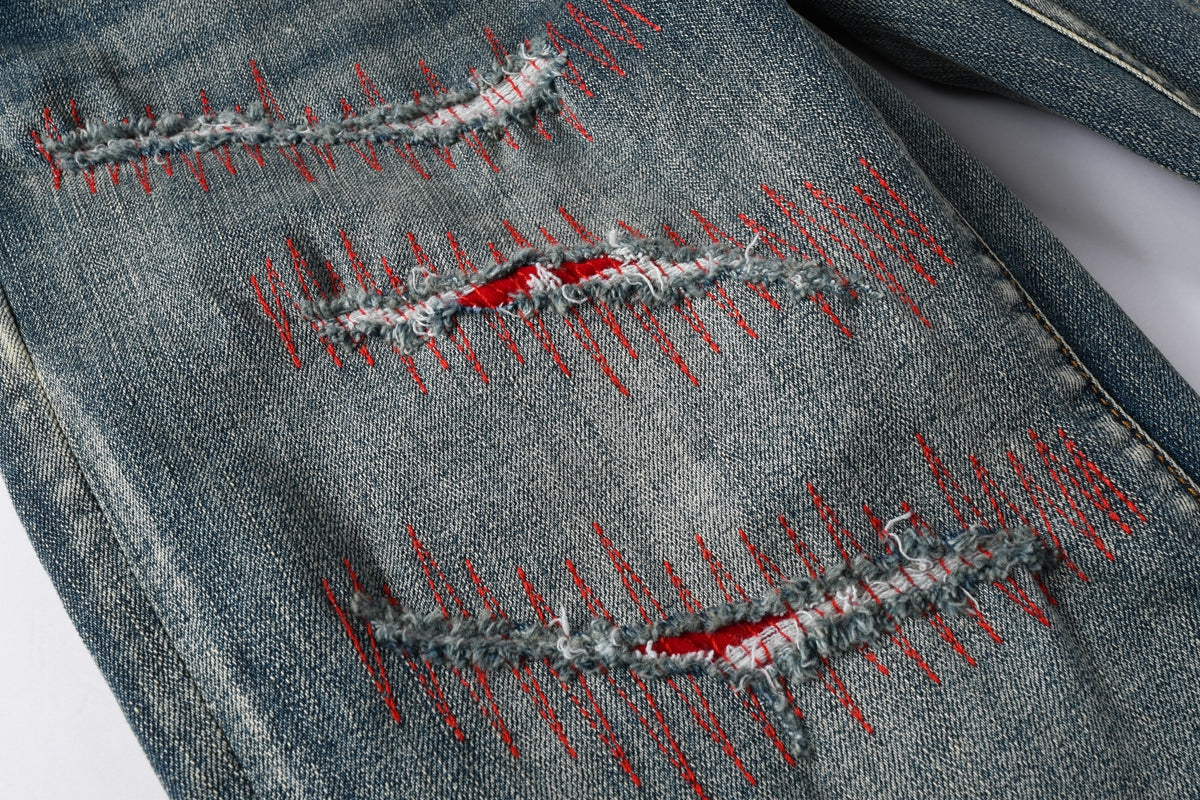 PURPLE Men Streetwear Skinny Jeans Light Blue Wash with Red - Patched Distressed Details 9114