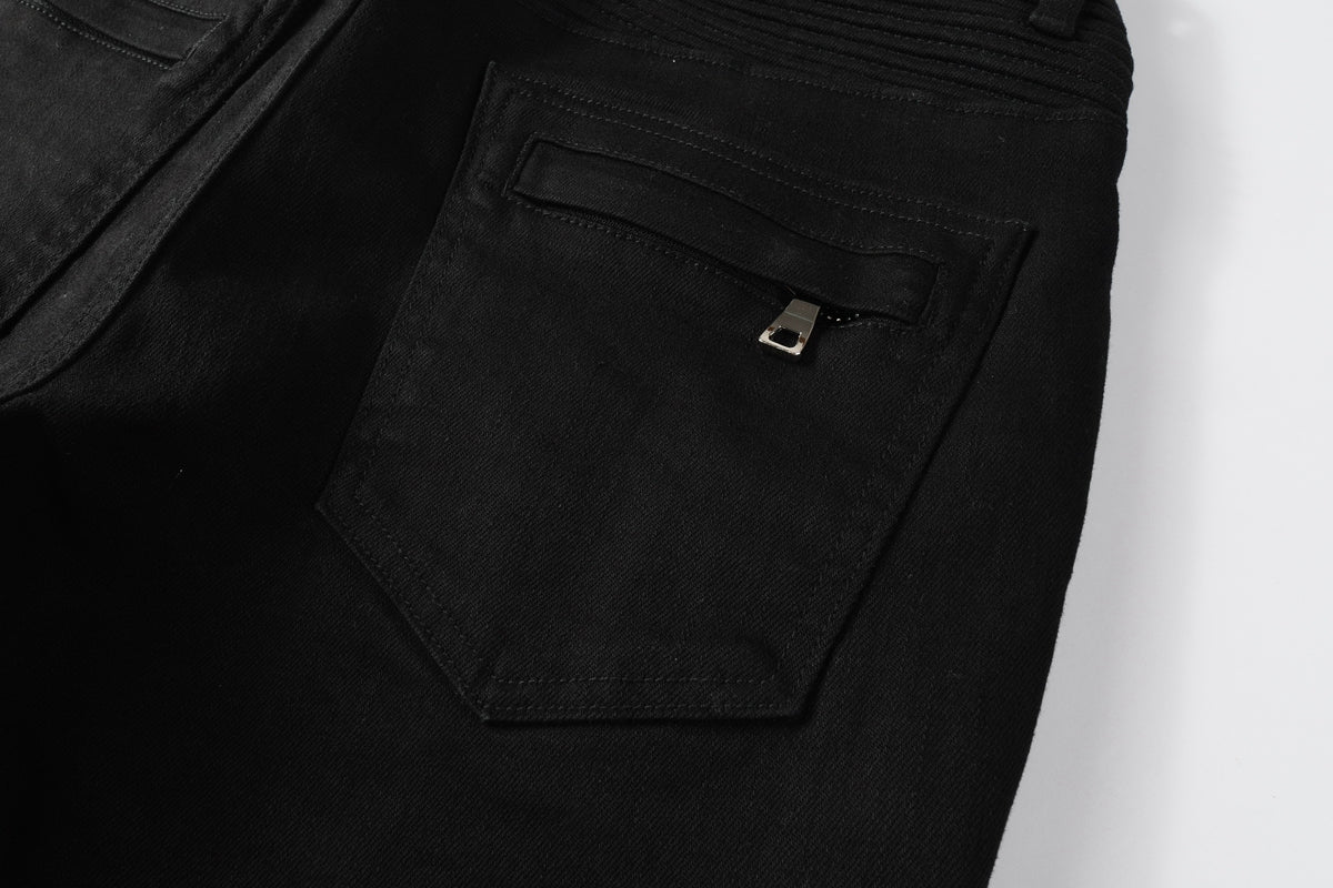 PURPLE Men Streetwear Biker Skinny Jeans Black with Knee Pleats and Zipper Pockets 0964