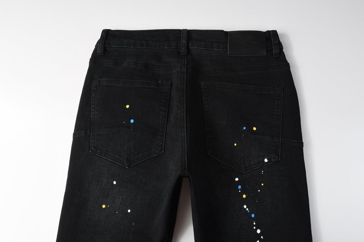 PURPLE Men Streetwear Skinny Jeans Black Wash with Distressed Details and Multi - Color Paint Splash 9121