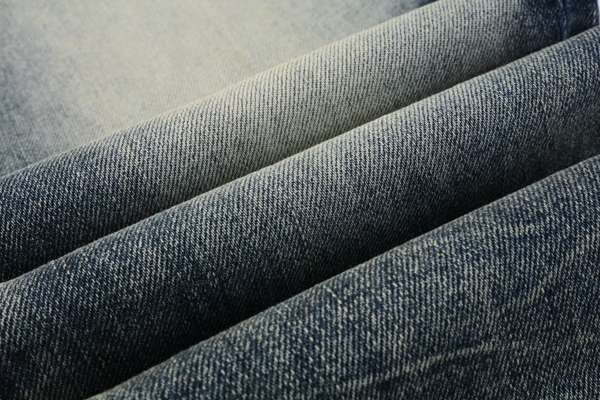 PURPLE Men Streetwear Skinny Jeans Light Blue Wash with Faded Gradient Distress 9042