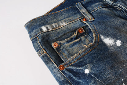 PURPLE Men Streetwear Skinny Jeans Light Blue Wash with Distressed Rips and White Paint Splatter 9012