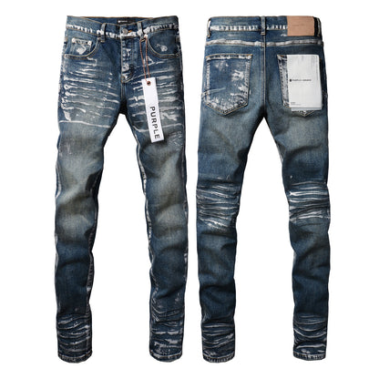 PURPLE Men Streetwear Skinny Jeans Dark Blue Wash with White Brushstroke Distress 9040