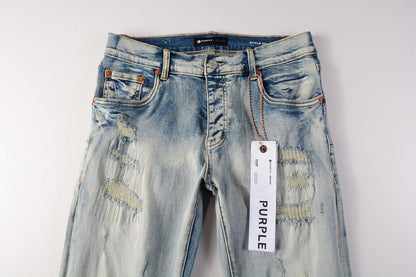 PURPLE Men Streetwear Skinny Jeans Light Blue Wash with Heavy Distressed Rips 9058