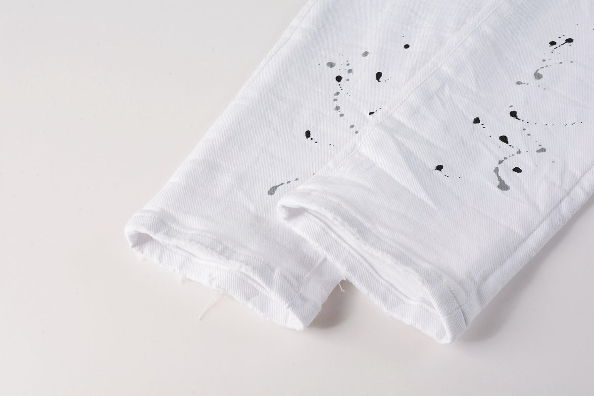 PURPLE Men Streetwear Skinny Jeans White Wash with Black Paint Splatter and Distressed Rip 9021