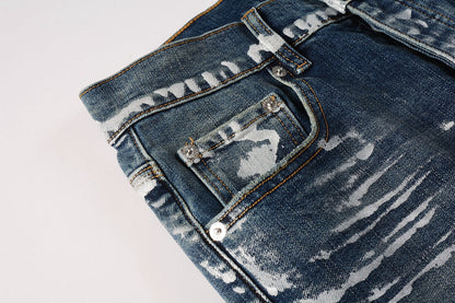 PURPLE Men Streetwear Skinny Jeans Dark Blue Wash with White Brushstroke Distress 9040