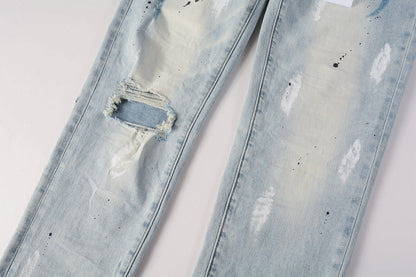 PURPLE Men Streetwear Skinny Jeans Light Blue Wash with White Paint Splatter and Subtle Distress 9006