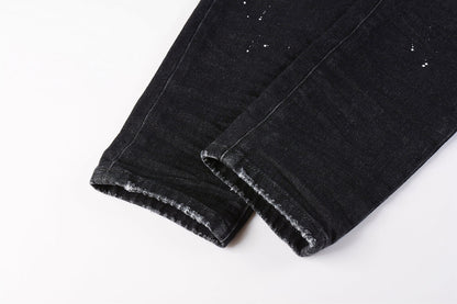 PURPLE Men Streetwear Skinny Jeans Black Wash with Knee Rips and White Paint Specks 9035