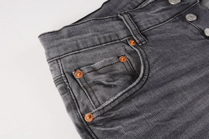 PURPLE Men Streetwear Skinny Jeans Dark Gray Wash with Knee Rips and White Paint Splatter 9039