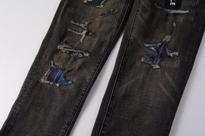 PURPLE Men Streetwear Skinny Jeans Dark Gray Wash with Multi - Color Patched Distressed Details 9080