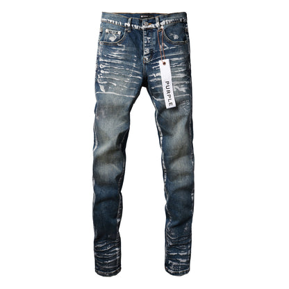 PURPLE Men Streetwear Skinny Jeans Dark Blue Wash with White Brushstroke Distress 9040