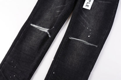 PURPLE Men Streetwear Skinny Jeans Black Wash with Knee Rips and White Paint Specks 9035