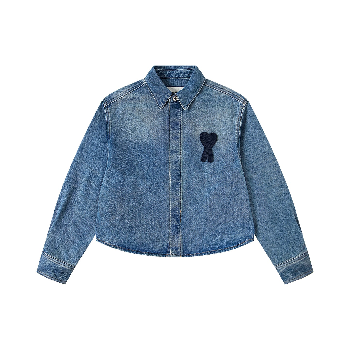 Ami paris Classic Heart Embroidered Cropped Denim Shirt 847