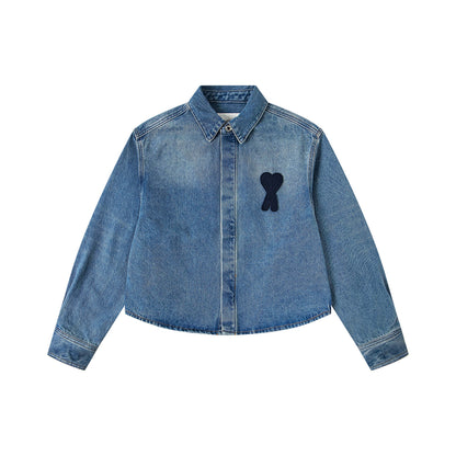 Ami paris Classic Heart Embroidered Cropped Denim Shirt 847