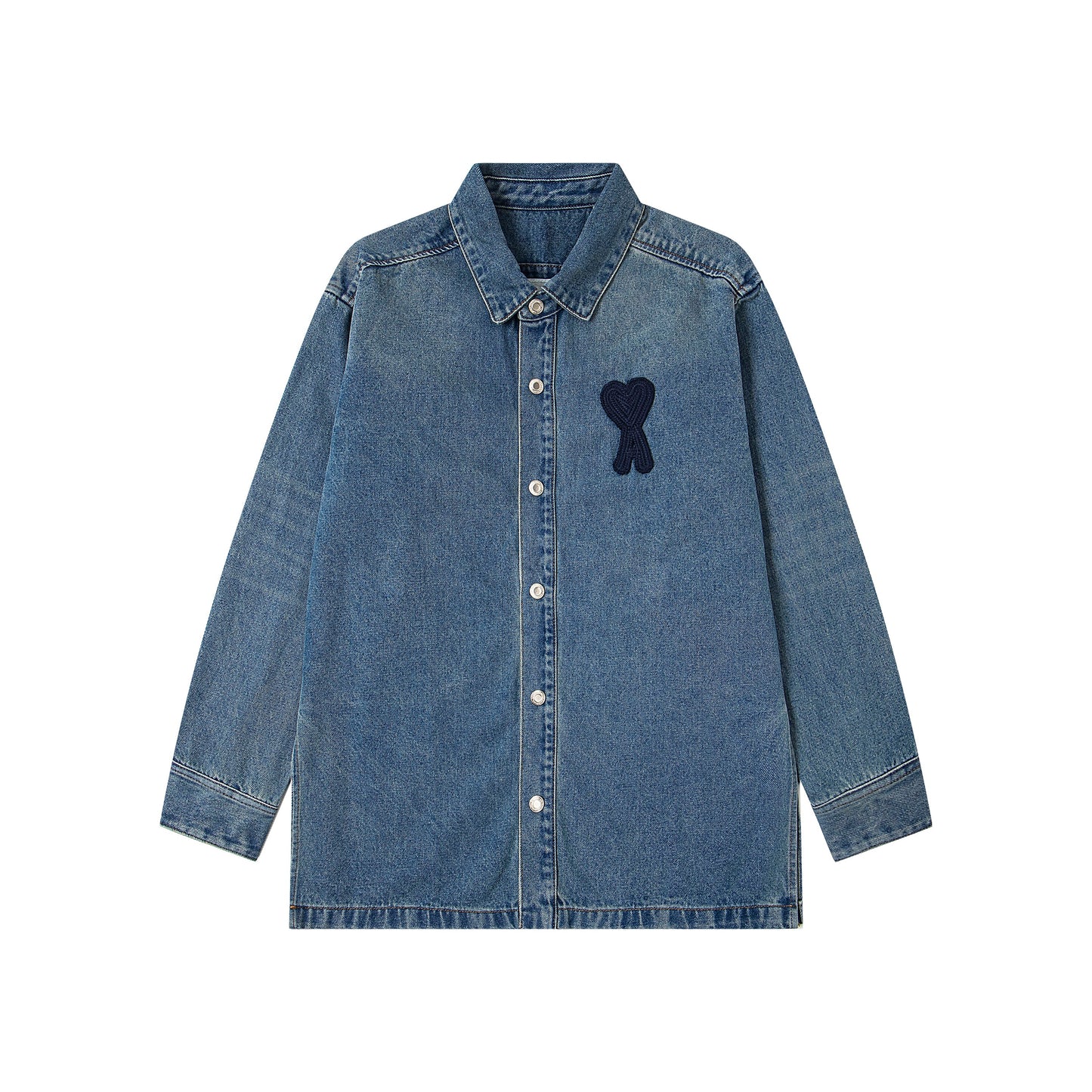 Ami paris Classic Heart Embroidered Long-Length Denim Shirt 848