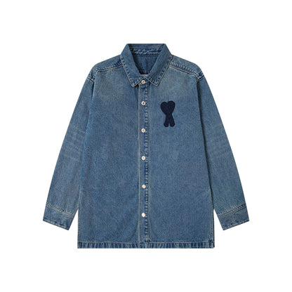 Ami paris Classic Heart Embroidered Long-Length Denim Shirt 848