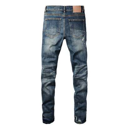 PURPLE Men Classic Streetwear Jeans Distressed Dark Blue Ripped skinny 9096