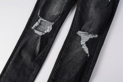 PURPLE Men Streetwear Skinny Jeans Dark Gray Wash with Heavy Distressed Ripped Details 9079