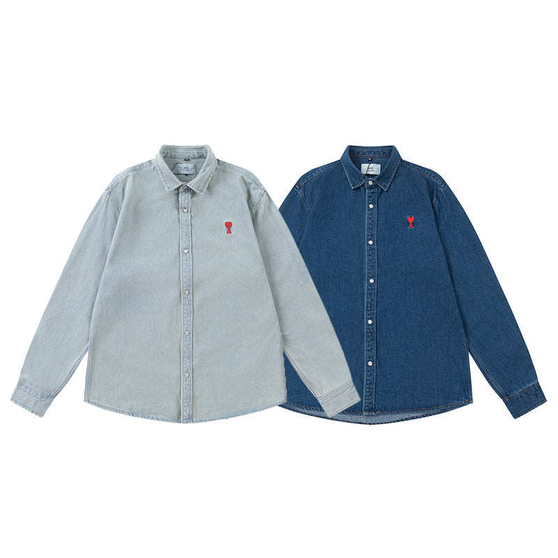 Ami paris Heart Logo Embroidered Denim Shirt 816