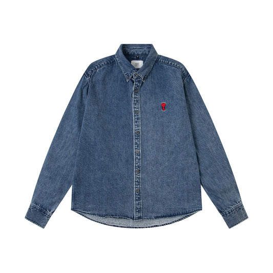 Ami paris Heart Logo Embroidered Denim Shirt 852