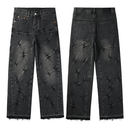 PURPLE Men Streetwear Wide-Leg Jeans Black Gray Wash with 3D Pinched Pleats 9115