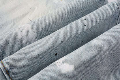 PURPLE Men Streetwear Skinny Jeans Light Blue Wash with White Paint Splatter and Subtle Distress 9006