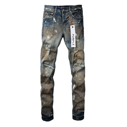PURPLE Men Streetwear Skinny Jeans Light Blue Wash with Distressed Rips and White Paint Splatter 9012