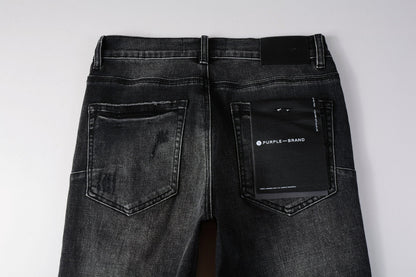 PURPLE Men Streetwear Skinny Jeans Dark Gray Wash with Heavy Distressed Ripped Details 9079