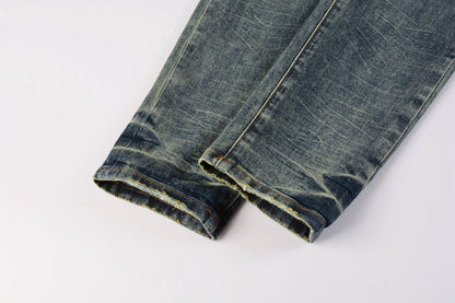 PURPLE Men Streetwear Skinny Jeans Light Blue Wash with Faded Gradient Distress 9042