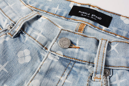 PURPLE Men Streetwear Skinny Jeans Light Blue Wash with All - Over Pattern Print 9089