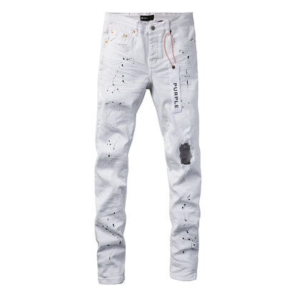 PURPLE Men Streetwear Skinny Jeans White Wash with Black Paint Splatter and Distressed Rip 9021