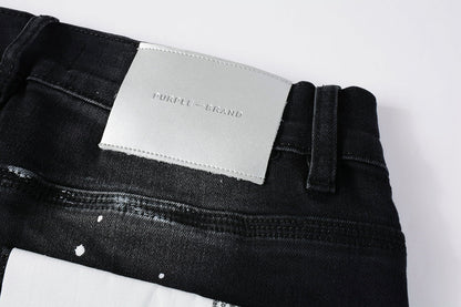 PURPLE Men Streetwear Skinny Jeans Black Fade Wash with White Paint Splatter and Distressed Rips 9002