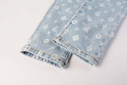 PURPLE Men Streetwear Skinny Jeans Light Blue Wash with All - Over Pattern Print 9089