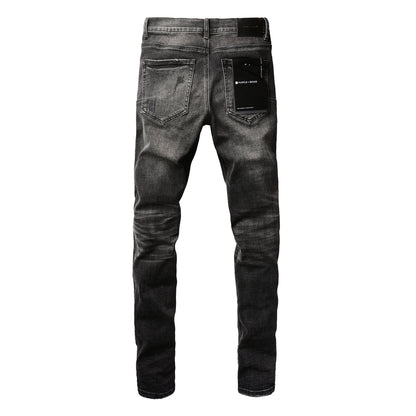 PURPLE Men Streetwear Skinny Jeans Dark Gray Wash with Heavy Distressed Ripped Details 9079