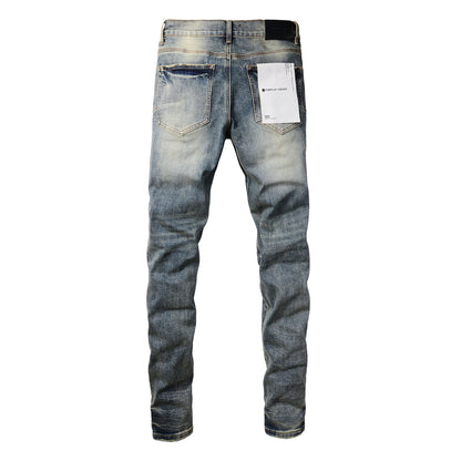 PURPLE Men Streetwear Skinny Jeans Light Blue Wash with Faded Gradient Distress 9042