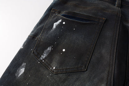 PURPLE Men Streetwear Skinny Jeans Dark Gray Wash with White Paint Splatter and Brush Strokes 9036