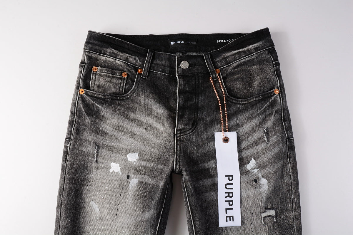 PURPLE Men Streetwear Skinny Jeans Dark Gray Wash with White Paint Splatter and Distressed Rips 9032