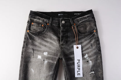 PURPLE Men Streetwear Skinny Jeans Dark Gray Wash with White Paint Splatter and Distressed Rips 9032