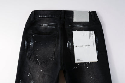 PURPLE Men Streetwear Skinny Jeans Black Fade Wash with White Paint Splatter and Distressed Rips 9002
