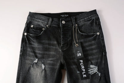 PURPLE Men Streetwear Skinny Jeans Dark Gray Wash with Heavy Distressed Ripped Details 9079