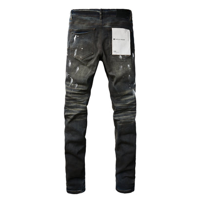 PURPLE Men Streetwear Skinny Jeans Dark Gray Wash with White Paint Splatter and Brush Strokes 9036