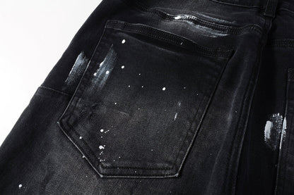 PURPLE Men Streetwear Skinny Jeans Black Fade Wash with White Paint Splatter and Distressed Rips 9002