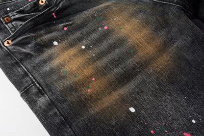 PURPLE Men’s Black Skinny Jeans with Rust-Toned Wash and Multicolor Paint Splatter Artistic Distressed Street 9109