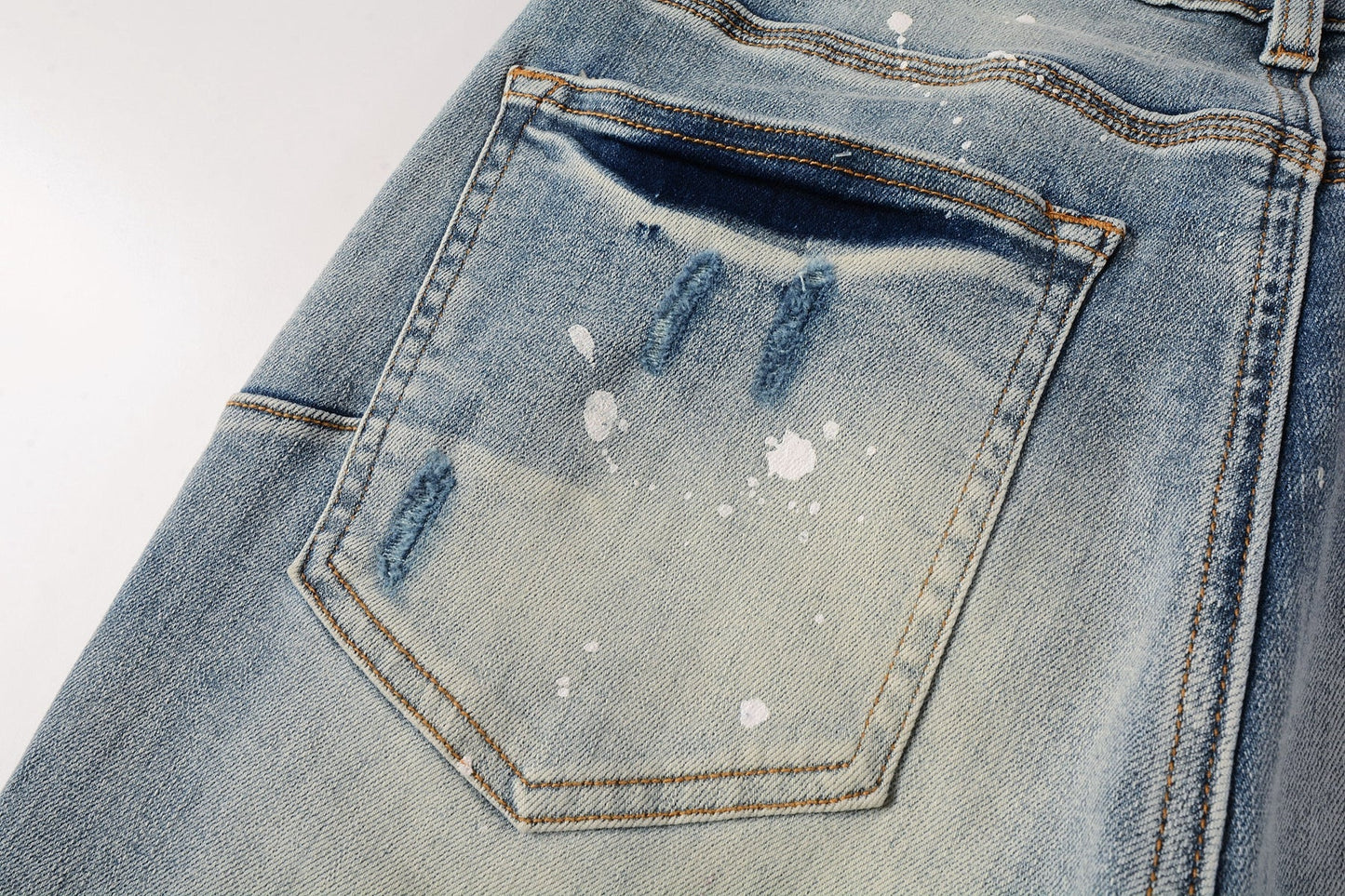 PURPLE Men Streetwear Skinny Jeans Light Blue Wash with Heavy Distressed Rips and White Paint Splatter 9003