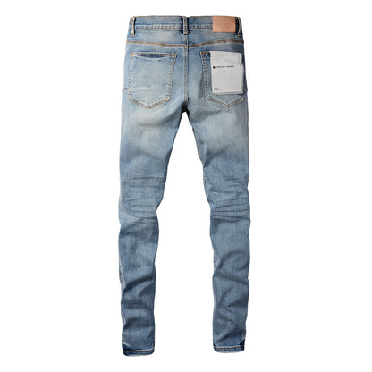 PURPLE Men Streetwear Skinny Jeans Light Blue Wash with Black Pixelated Pattern Print 9052