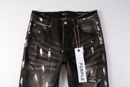 PURPLE Men Streetwear Skinny Jeans Dark Gray Wash with White Paint Splatter and Distressed Rips 9030