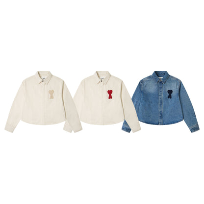 Ami paris Classic Heart Embroidered Cropped Denim Shirt 847