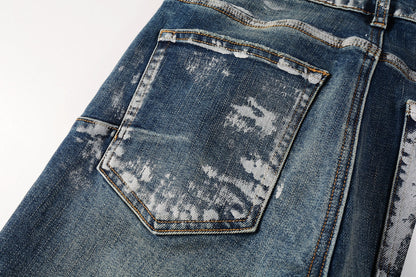 PURPLE Men Streetwear Skinny Jeans Dark Blue Wash with White Brushstroke Distress 9040