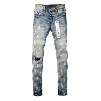 PURPLE Designer Women Purple High Street Purple Denim Black Long Mid Pants Hole for Men Purple Jeans 9043