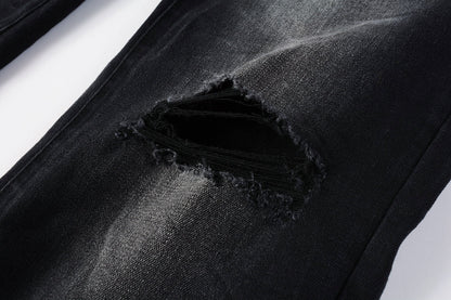 PURPLE Men Streetwear Skinny Jeans Black Fade Wash with White Paint Splatter and Distressed Rips 9002